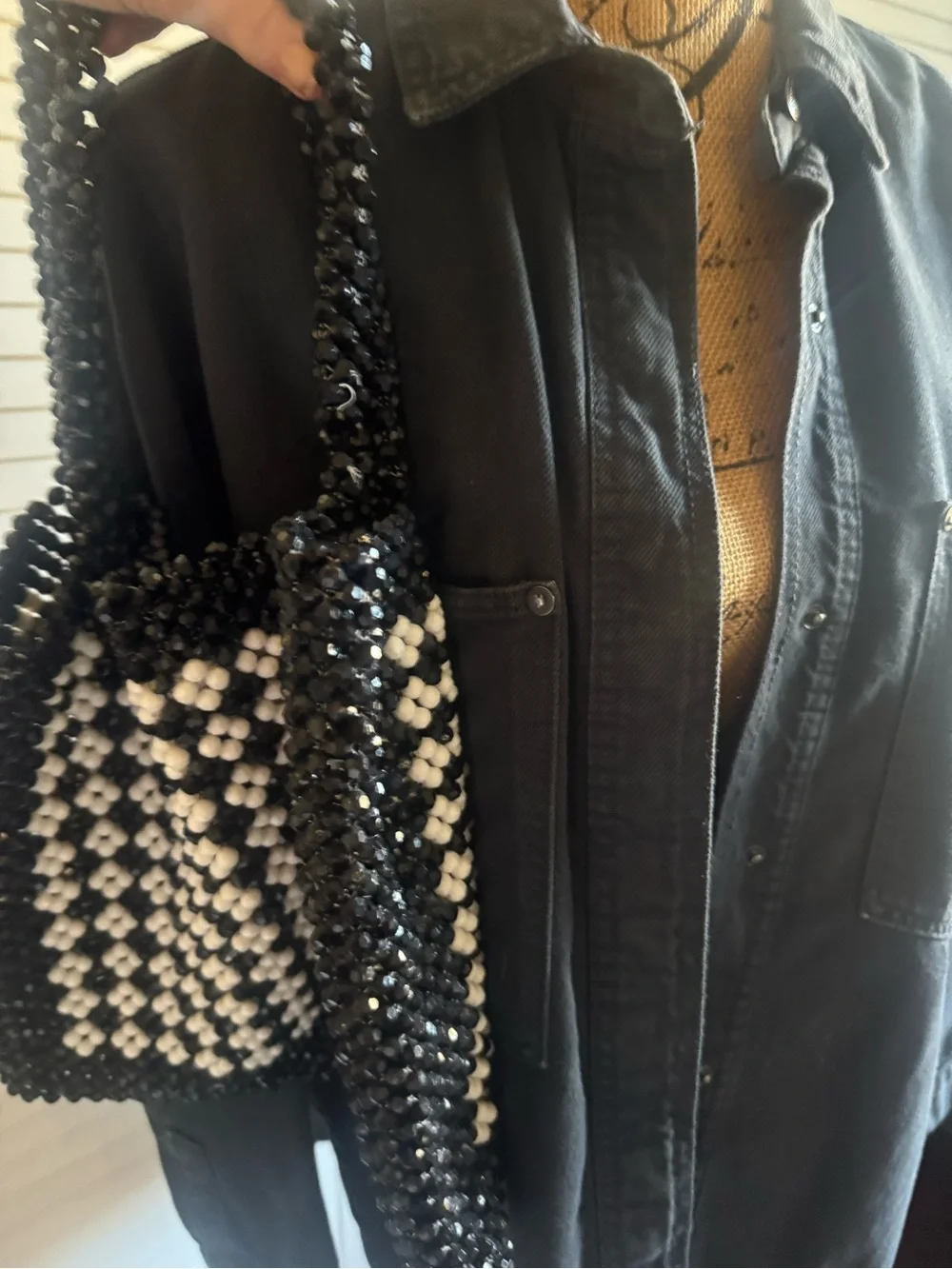 Trouve Black and White Beaded Checker Shoulder Bag